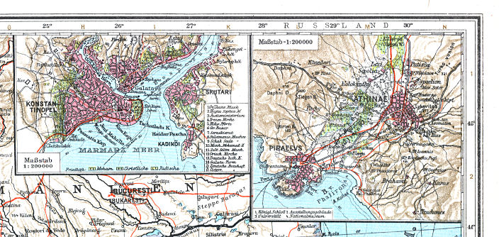 Ullsteins Weltatlas (1923)
27a. Konstantinopel  27b. Athen
Constantinopel, Athene / Constantinople, Athens (İstanbul, Αθηναι)