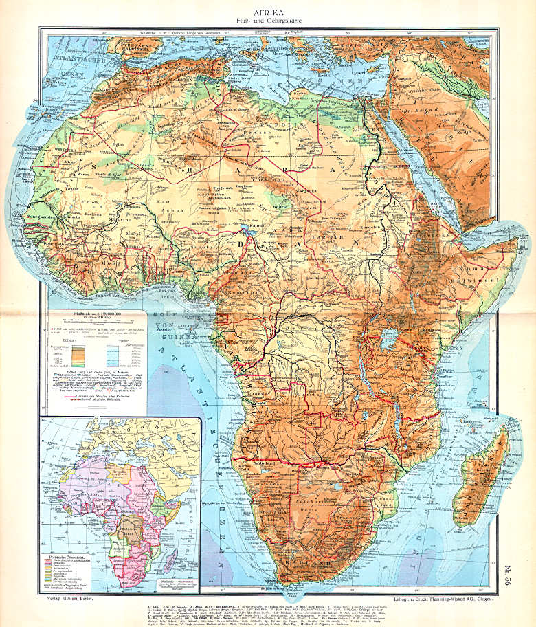Ullsteins Weltatlas (1923)
36. Afrika (Fluß- und Gebirgskarte)
Afrika (natuurkundig) / Africa (physical)