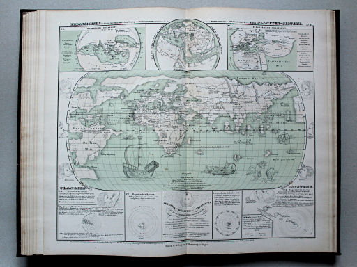 von Wedell's Historischer Hand-Atlas, 1856
20. Erdansichten zur Zeit des Mittelalters u. beim Übergange zur neuen Geschichte im Vergleich zu den allerältesten des Homer (1000 v. Chr.) und Herodot (444 v. Chr.) - und Planeten-Systeme