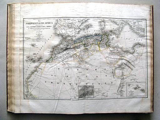 Allgemeiner Hand-Atlas der ganzen Erde (1855)
54. Das Nordwestliche Africa enthaltend die Staaten Fez und Marokko, Algier, Tunis und Tripoli, die Sahara, Canarischen und Azorischen Inseln