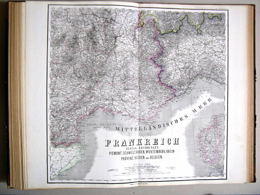 Hand-Atlas des Himmels und der Erde (1873)
40. Frankreich, Elsass-Lothringen, Piemont, Schweiz, Baden, Würtemberg, Rhein-Provinz, Hessen und Belgien (südöstlich)