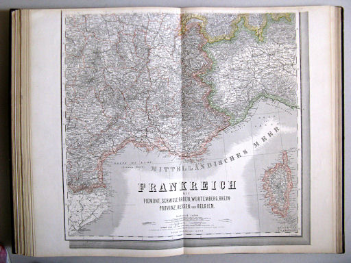 Hand-Atlas des Himmels und der Erde (1876)
40. Frankreich mit Piemont, Schweiz, Baden, Würtemberg, Rhein-Provinz, Hessen und Belgien (südöstlich)