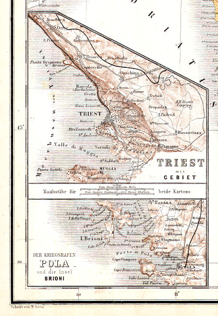 Hand-Atlas des Himmels und der Erde (1886)
29a. Triest mit Gebiet
29b. Der Kriegshafen Pola und die Insel Brioni