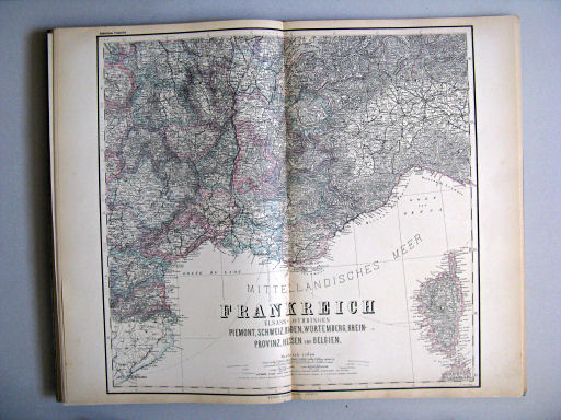 Hand-Atlas des Himmels und der Erde (1886)
40. Frankreich Elsass-Lothringen Piemont, Schweiz, Baden, Würtemberg, Rhein-Provinz, Hessen und Belgien (südöstlich)