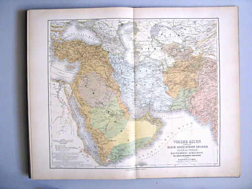 Hand-Atlas des Himmels und der Erde (1886)
52. Vorder Asien: umfassend Klein Asien, Syrien, Arabien, Iran und Turan, Balutschistan, Afghanistan, die Länder am Euphrat und Tigris und die Kaukasus Länder