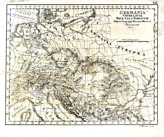 Nedzynski, Atlas Orbis Antiqui, 1825
XII. Germania, Vindelicia, Rhaetia et Noricum, Illyria, Pannonia, Dacia & Moesia