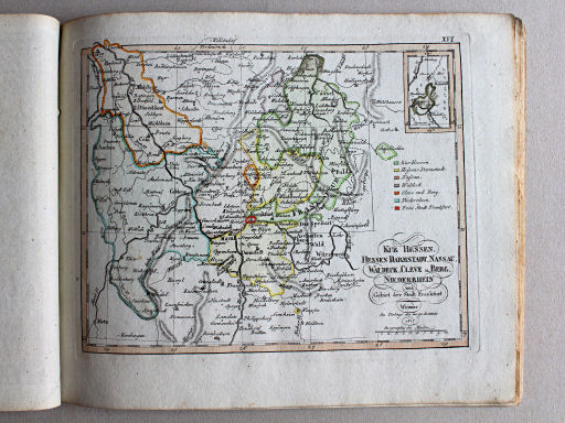 Compendieuser allgemeiner Atlas, 1818
XVI. Kur Hessen, Hessen Darmstadt, Nassau, Waldeck, Cleve u. Berg, Niederrhein und Gebiet der freien Stadt Frankfurt
