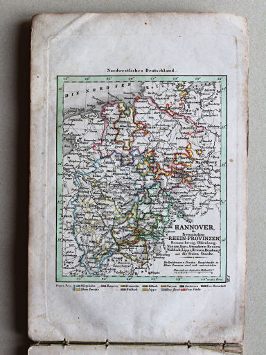 Weiland, Geographisch-statistischer Taschen-Atlas, 1838
8. Hannover, die Preußischen Rhein-Provinzen, Braunschweig, Oldenburg, Nassau, Kur- und Großherz. Hessen, Waldeck, Lippe, Hessen-Homburg und die freien Staedte