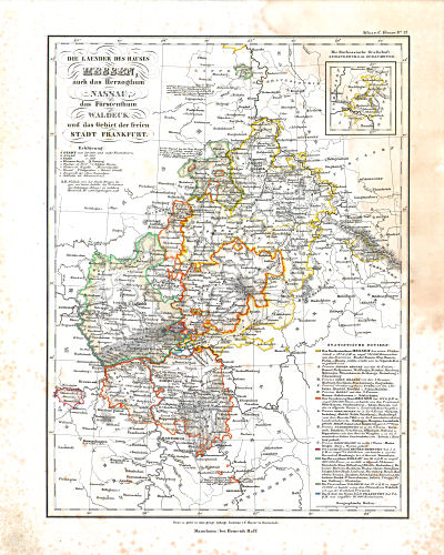 Glaser's Atlas über alle Theile der Erde (1842)
12. Die Laender des Hauses Hessen; auch das Herzogthum Nassau, das Fürstenthum Waldeck und das Gebiet der freien Stadt Frankfurt