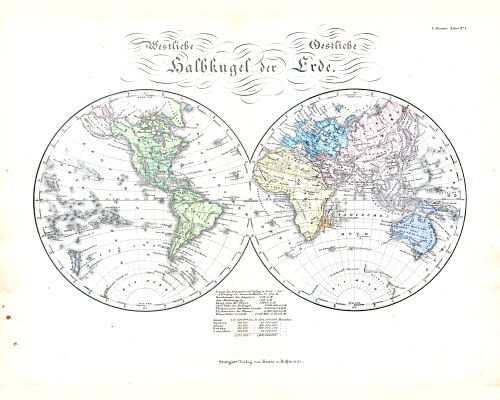 Glaser's Geographischer Hand-Atlas (1863)
1. Westliche Halbkugel der Erde. Oestliche Halbkugel der Erde