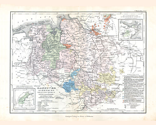 Glaser's Geographischer Hand-Atlas (1863)
13. Hannover Oldenburg Braunschweig Lippe'sche Länder; auch die Hanse-Städte Hamburg, Lübeck u. Bremen