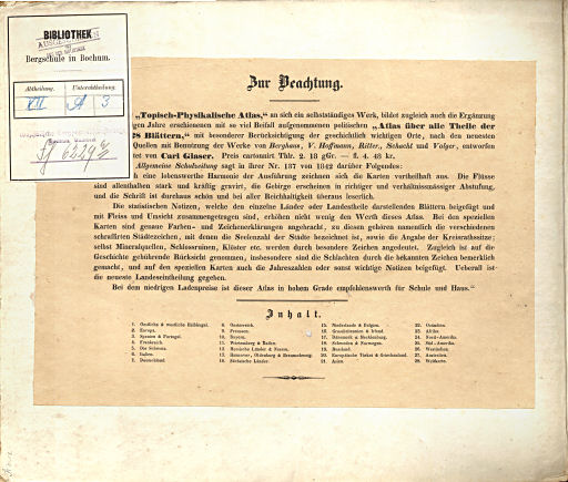 Glaser's Topisch-Physikalischer Atlas (1844)
Binnenkant band / Inside cover