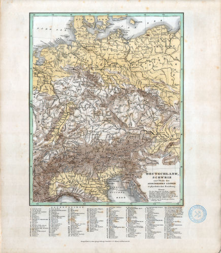 Glaser's Topisch-Physikalischer Atlas (1844)
1. Deutschland, Schweiz und Theile der angränzenden Länder in physikalischer Beziehung