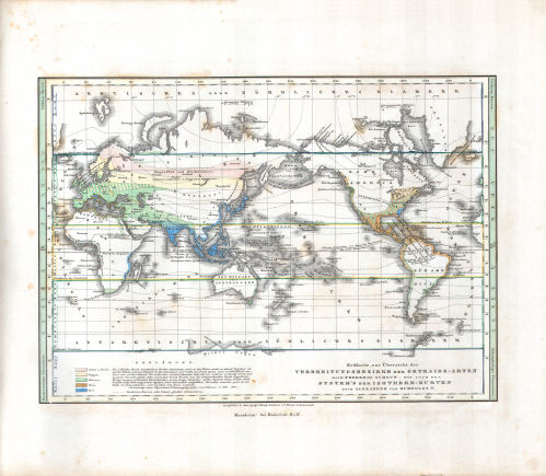 Glaser's Topisch-Physikalischer Atlas (1844)
7. Erdkarte, zur Übersicht der Verbreitungsbezirke der Getraide-Arten nach Frederik Schouw; wie auch des System's der Isothermen-Kurven nach Alexander von Humboldt