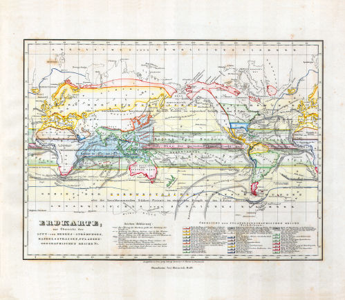 Glaser's Topisch-Physikalischer Atlas (1844)
8. Erdkarte, zur Übersicht der Luft- und Meeres-Strömungen, Handelsstrassen, Planzen-geographische Reiche &c.