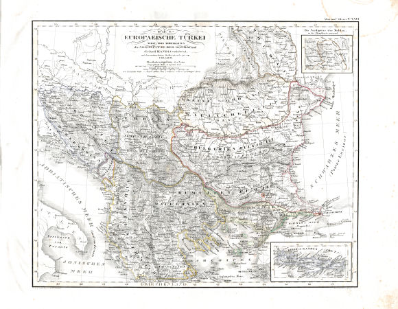 Glaser's Vollständiger Atlas (1840)
26. Die Europaeische Tuerkei nebst zwei Nebenkarten, die Nordspitze der Moldau und die Insel Kandia enthaltend