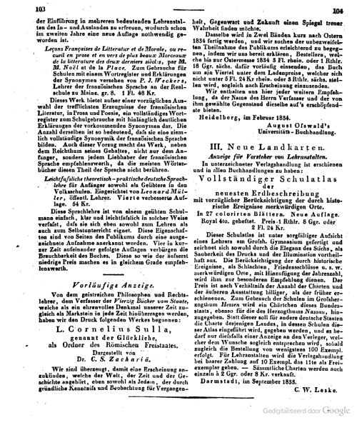 Allgemeine Literatur-Zeitung, 1834
Intelligenzblatt 13 (März 1834) p. 103.104