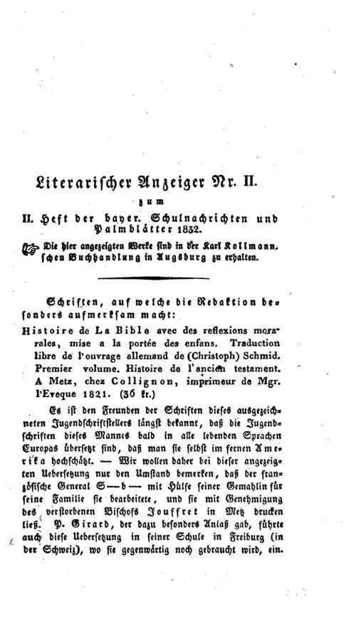 Bayerische Nachrichten über das Schul- und Erziehungswesen, 1832
Literarischer Anzeiger p. 1