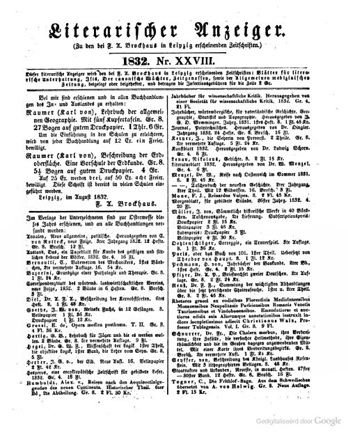 Blätter für literarische Unterhaltung. Jahrgang 1832
Literarische Anzeiger. 1832. Nr. XXVIII.