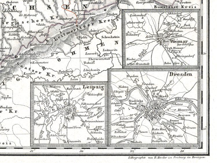Woerl: Atlas über alle Theile der Erde, 1839 (Oestr. Ausg.)
13abc (11abc) Weimar, Leipzig, Dresden