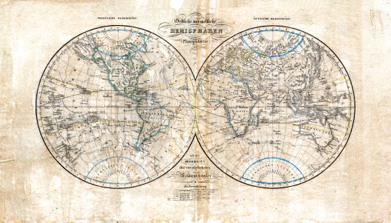 Neuer allgemeiner Hand- und Schul-Atlas, 1829
1. Oestliche und westliche Hemisphären (Planiglobium)
Oostelijk en westelijk halfrond / Eastern and western hemispheres