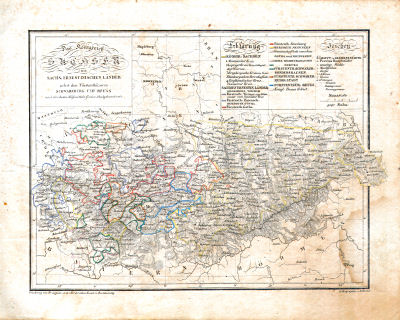 Neuer allgemeiner Hand- und Schul-Atlas, 1829
11. Das Königreich Sachsen, die Sachs. Ernestinischen Länder nebst den Fürstenthümern Schwarzburg und Reuss
Koninkrijk Saksen, Thüringen / Kingdom of Saxony, Thuringia
