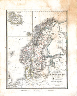 Neuer allgemeiner Hand- und Schul-Atlas, 1829
14. Karte der vereinigten Königreiche Schweden u. Norwegen nebst dem Königreiche Dänemark mit Island und Faroer In.
Zweden, Noorwegen, Denemarken, IJsland, Faeröer / Sweden, Norway, Denmark, Iceland, Faeroe Islands