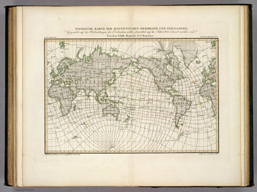 Berghaus' Physikalischer Atlas (1837-1848)
4.1. Wachsende Karte der magnetischen Meridiane und Parallelen; Gegründet auf die Beobachtungen der Declination, welche sämmtlich auf das Jahr 1825 reducirt worden sind (1840)
