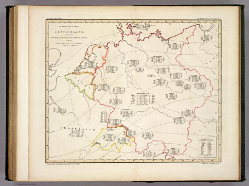 Berghaus' Physikalischer Atlas (1837-1848)
5.6. Botanische Karte von Deutschland; enthaltend die Statistik der vornehmsten Pflanzen-Familien so wie die Isotheren und Isochimenen (1841)