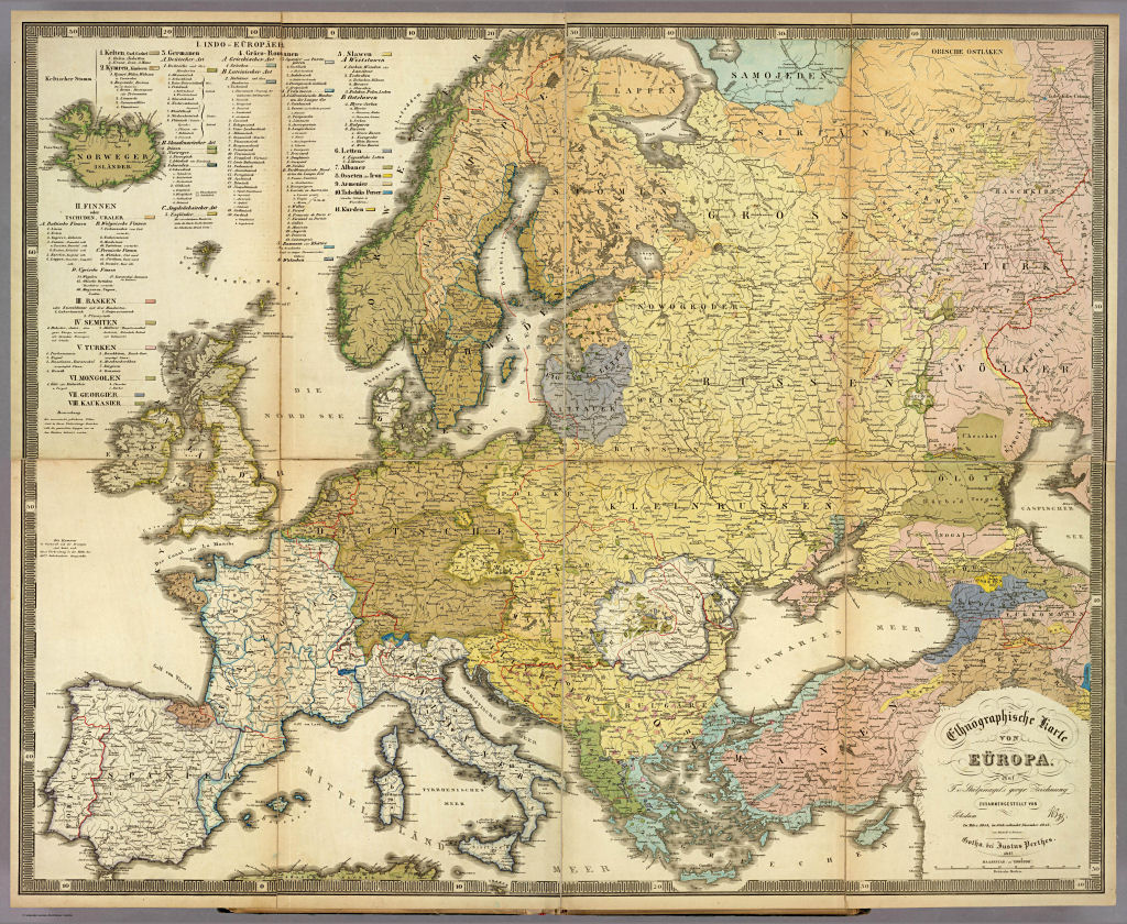 Berghaus' Physikalischer Atlas (1837-1848)
8.5–8.8. Ethnographische Karte von Eüropa (1847)