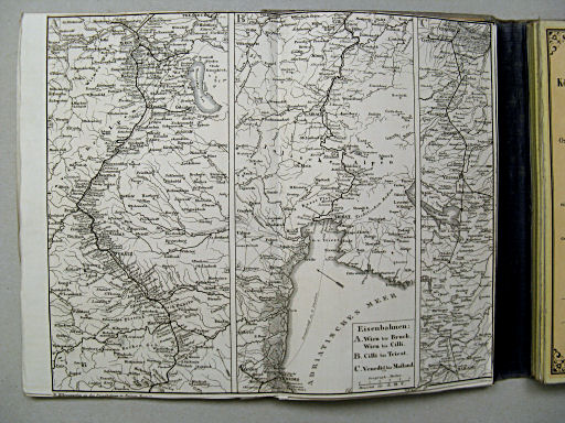 Eisenbahn-Atlas in XV Karten (zu Diez' Reisekarte)
A IX. Eisenbahnen: Wien bis Bruck. Wien bis Cilli
B X. Eisenbahnen: Cilli bis Triets
C XI. Eisenbahnen: Venedig bis Mailand