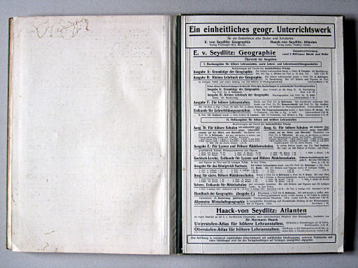 Haack-von Seydlitz, Oberstufen-Atlas, 1913
Reclame (binnenkant band) / Advertisement (inside cover)
