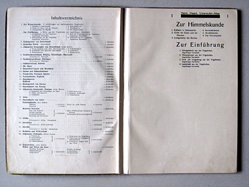 Haack-von Seydlitz, Unterstufen-Atlas, 1914
Inhoudsopgave, buitenkant van kaart 1 / Table of contents, outside of sheet 1