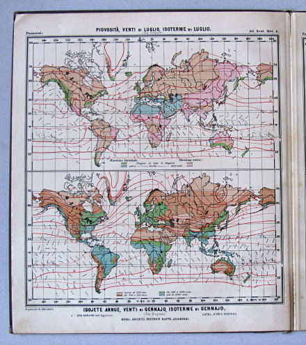 Pasanisi, Atlante Scolastico Metodico, 1900
4. Piovosità, venti di Luglio, isoterme di Luglio. Isojete annue, venti di Gennajo, isoterme di Gennajo