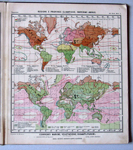Pasanisi, Atlante Scolastico Metodico, 1900
5. Regioni e province climatiche, isoterme annue. Correnti marine, vegetazione, isoamplitudini