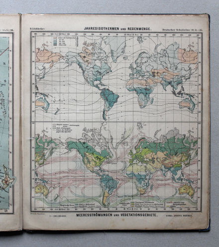 Lüddecke, Deutscher Schulatlas Mittelstufe, 1895
35. Jahres-Isothermen und Regenmenge, Meeresströmungen und Vegetationsgebiete