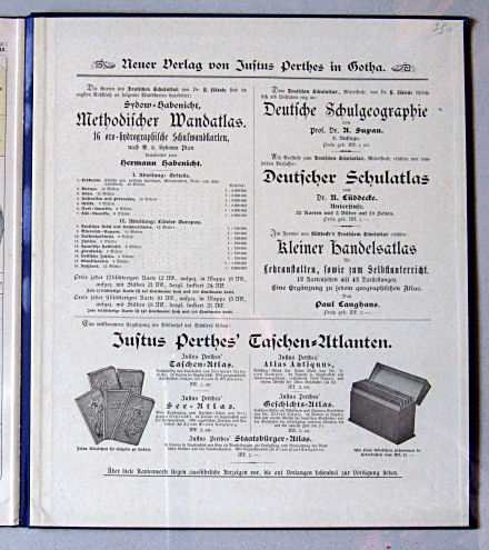 Lüddecke, Deutscher Schulatlas Mittelstufe, 1899
Schutblad achterin met reclame / Rear endpaper with advertisements