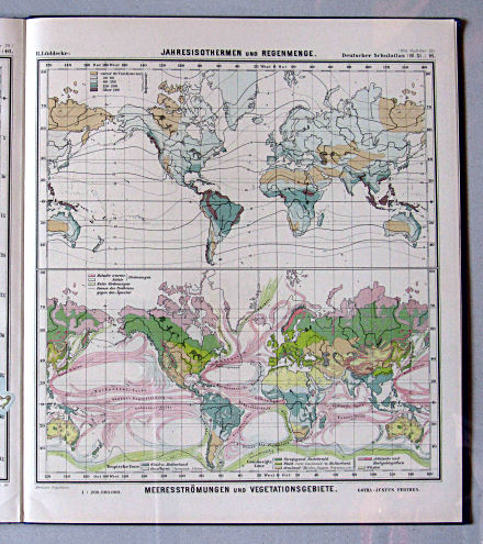 Lüddecke, Deutscher Schulatlas Mittelstufe, 1899
41. Jahres-Isothermen und Regenmenge. Meeresströmungen und Vegetationsgebiete