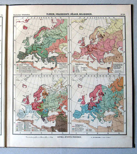 Lüddecke-Haack, Deutscher Schulatlas, 1907
29. Europa: Floren, Volksdichte, Völker, Religionen