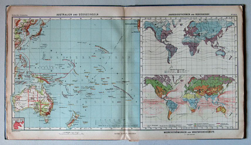 Lüddecke-Haack, Deutscher Schulatlas, 1923
40/41. Australien und Südseeinseln. Jahresisothermen und Regenmenge. Meeresströmungen und Vegetationsgebiete