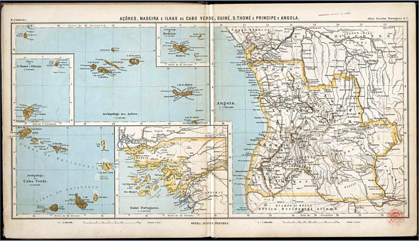 Lüddecke, Atlas Escolar Portuguez, 1897
6/7. Açôres, Madeira e Ilhas de Cabo Verde; Guiné, S. Thomé e Principe e Angola