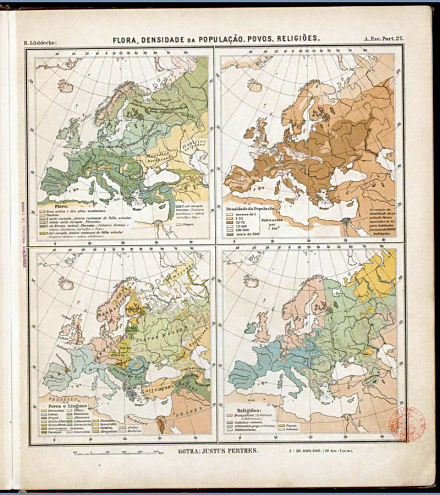 Lüddecke, Atlas Escolar Portuguez, 1897
27. Europa: Flora, Densidade da População, Povos, Religiões