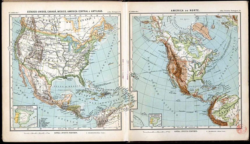 Lüddecke, Atlas Escolar Portuguez, 1897
34. America do Norte
35 Estados-Unidos, Canadá, Mexico, America Central e Antilhas