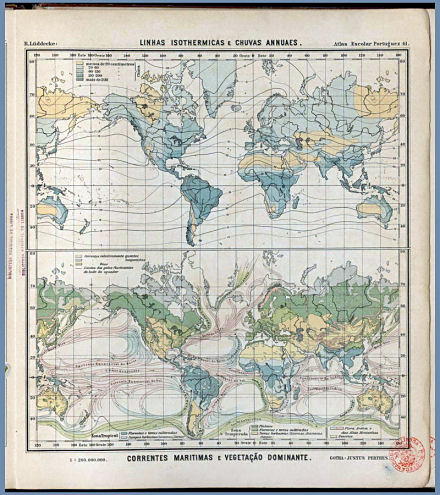 Lüddecke, Atlas Escolar Portuguez, 1897
41. Linhas Isothermicas e Chuvas Annuaes, Correntes Maritimas e Vegetação Dominante