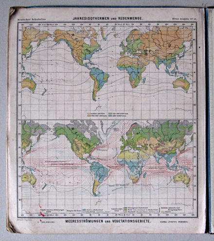 Lüddecke-Haack, Deutscher Schulatlas, Kleine Ausgabe, ca. 1903
32. Jahres-Isothermen und Regenmenge. Meeresströmungen und Vegetationsgebiete