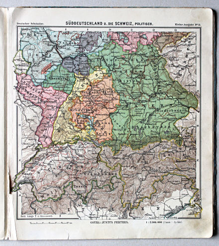 Lüddecke-Haack, Deutscher Schulatlas, Kleine Ausgabe, 1910
11. Süddeutschland u. die Schweiz, politisch