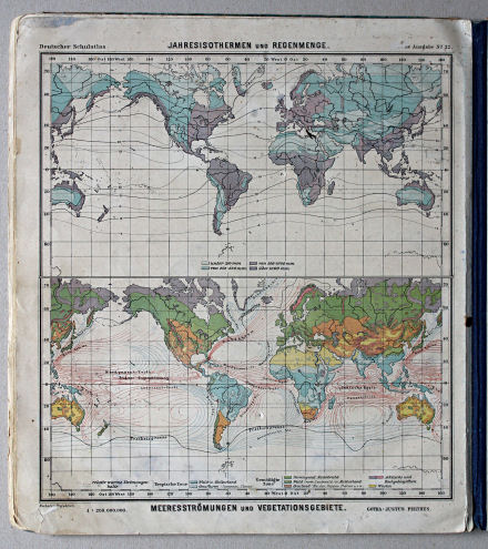 Lüddecke-Haack, Deutscher Schulatlas, Kleine Ausgabe, 1910
32. Jahres-Isothermen und Regenmenge. Meeresströmungen und Vegetationsgebiete