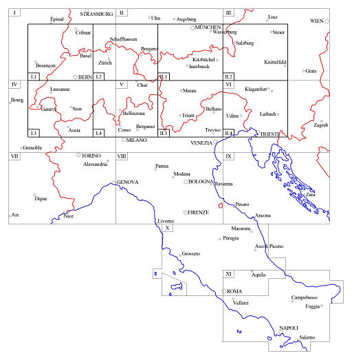 Mayr's Alpenkarte, Mayr's Atlas der Alpenländer
gecombineerde bladwijzer / combined sheet index
