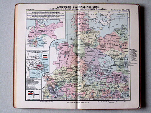 Perthes' Staatsbürger-Atlas (1896)
21. Landwehr-Bezirkseinteilung, Ausbildungs- u. Erziehungswesen, technische Anstalten (Nordwesten)