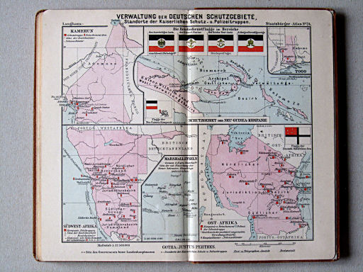 Perthes' Staatsbürger-Atlas (1896)
24. Verwaltung der Deutschen Schutzgebiete, Standorte der Kaiserlichen Schutz- u. Polizeitruppen